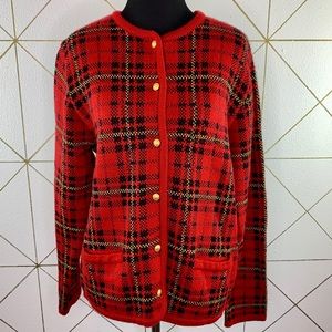 Vintage Scottish Tartan Red Plaid Button Cardigan